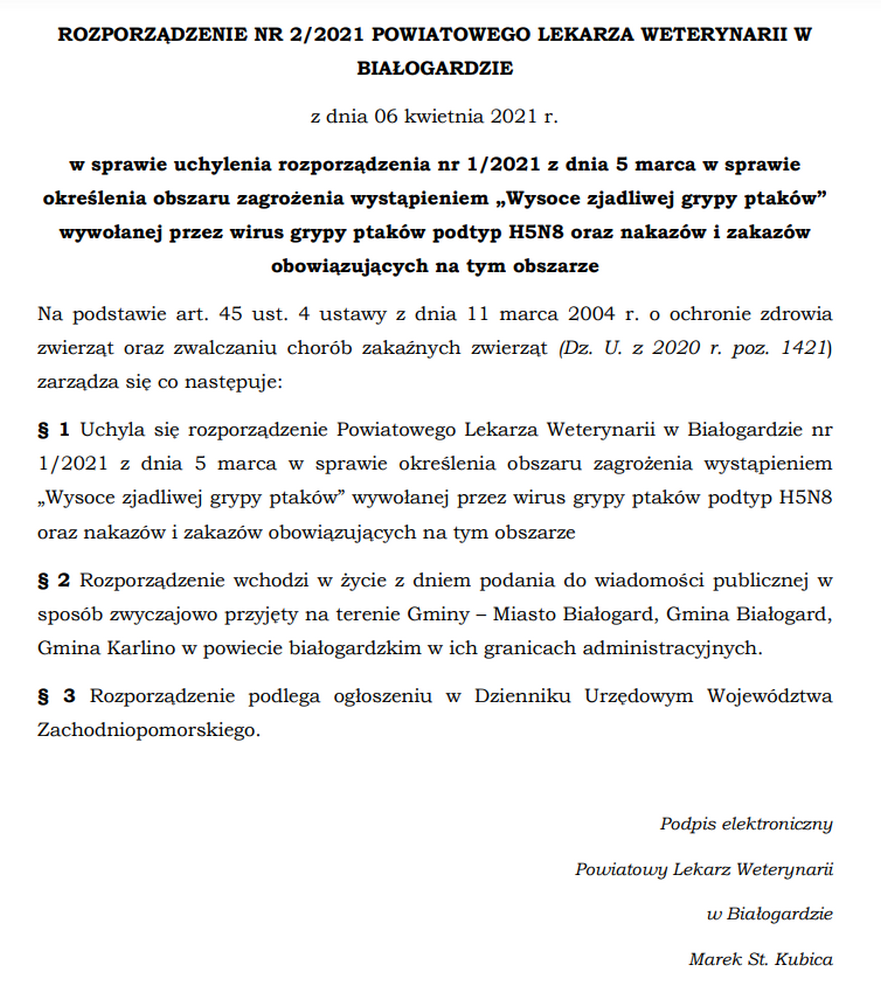 Wysoce zjadliwa grypa ptaków. Zagrożenie uchylone Wysoce zjadliwa grypa ptaków. Zagrożenie uchylone